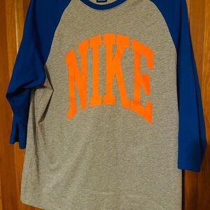 Nike Gray and Blue Men’s Baseball Tee with Orange Logo